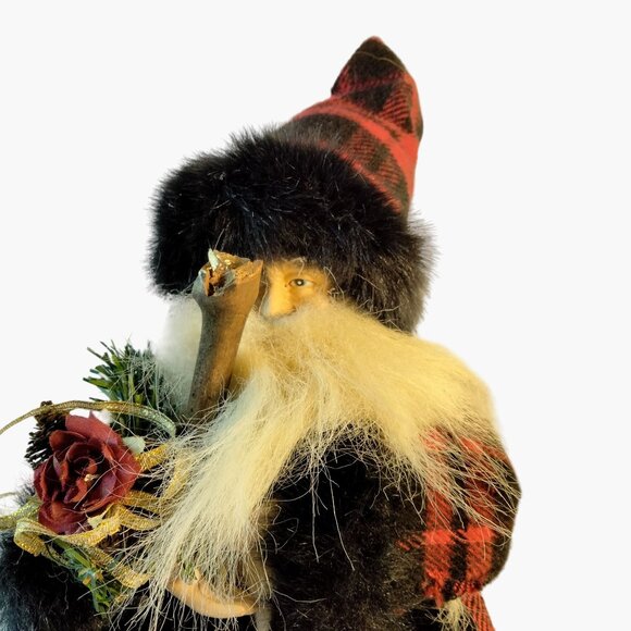 Santa Claus Figure Tree Topper Red Plaid Coat Faux Fur Brocade Trim Wood Scepter - Picture 2 of 9